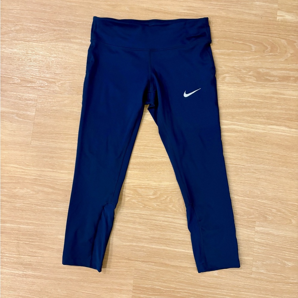 Nike Dri-Fit Cropped Leggings Navy Blue Mesh Panel Running Tights Size S